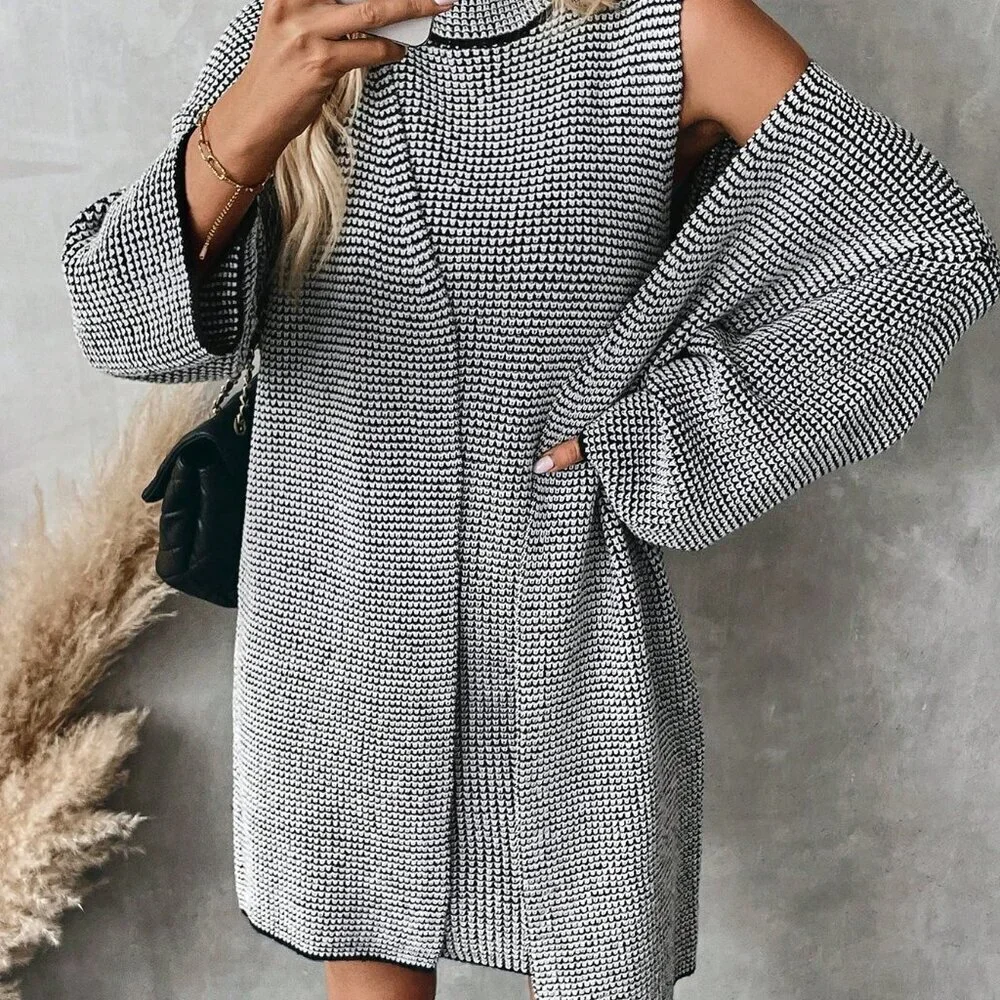 Multicolor Casual Women's Long Sleeve Cardigan & Stand Collar mini dress set - Picture 2 of 8